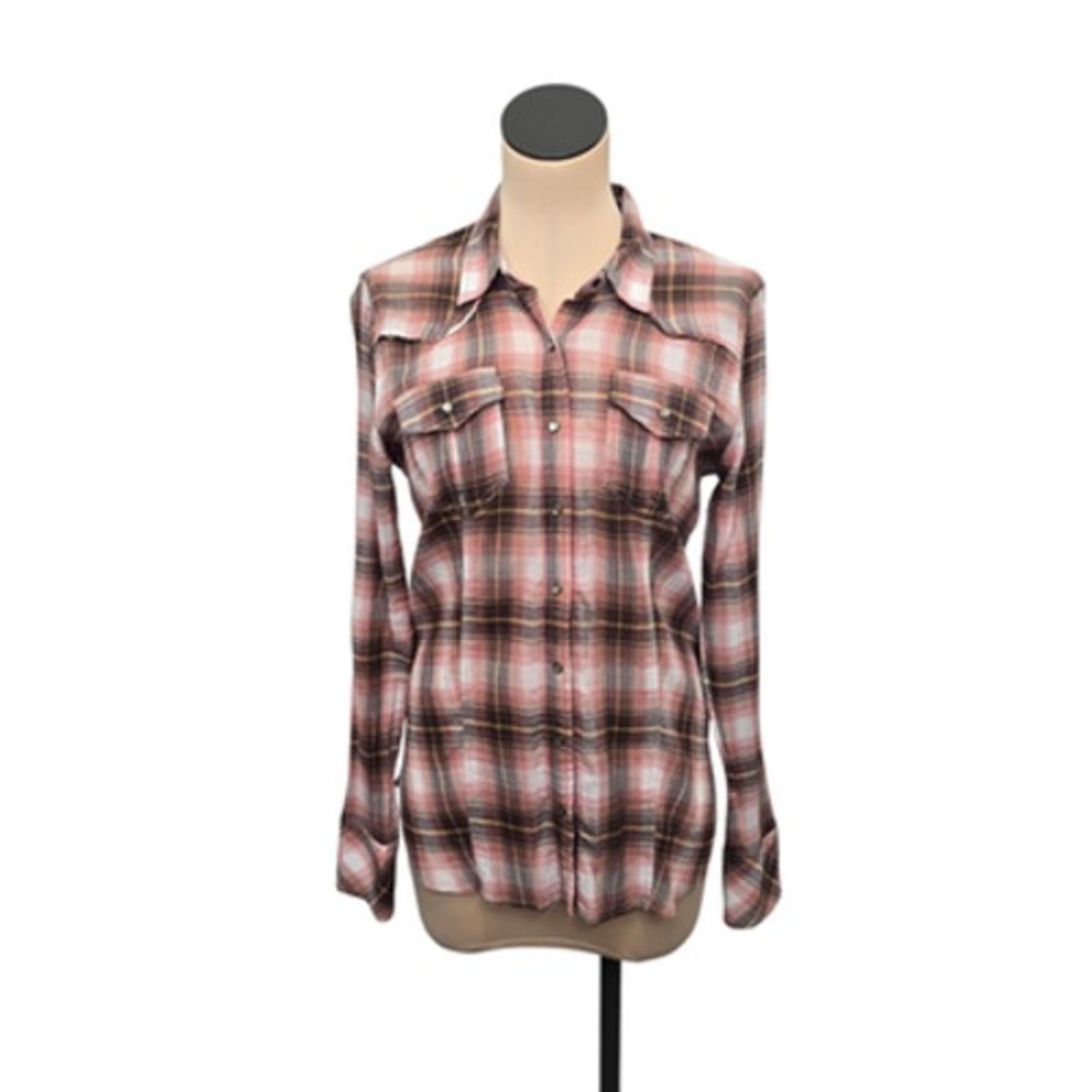 We‎ The Free Shirt Womens XS Pink Plaid Western Pearl Snap Lace Up Back Flannel